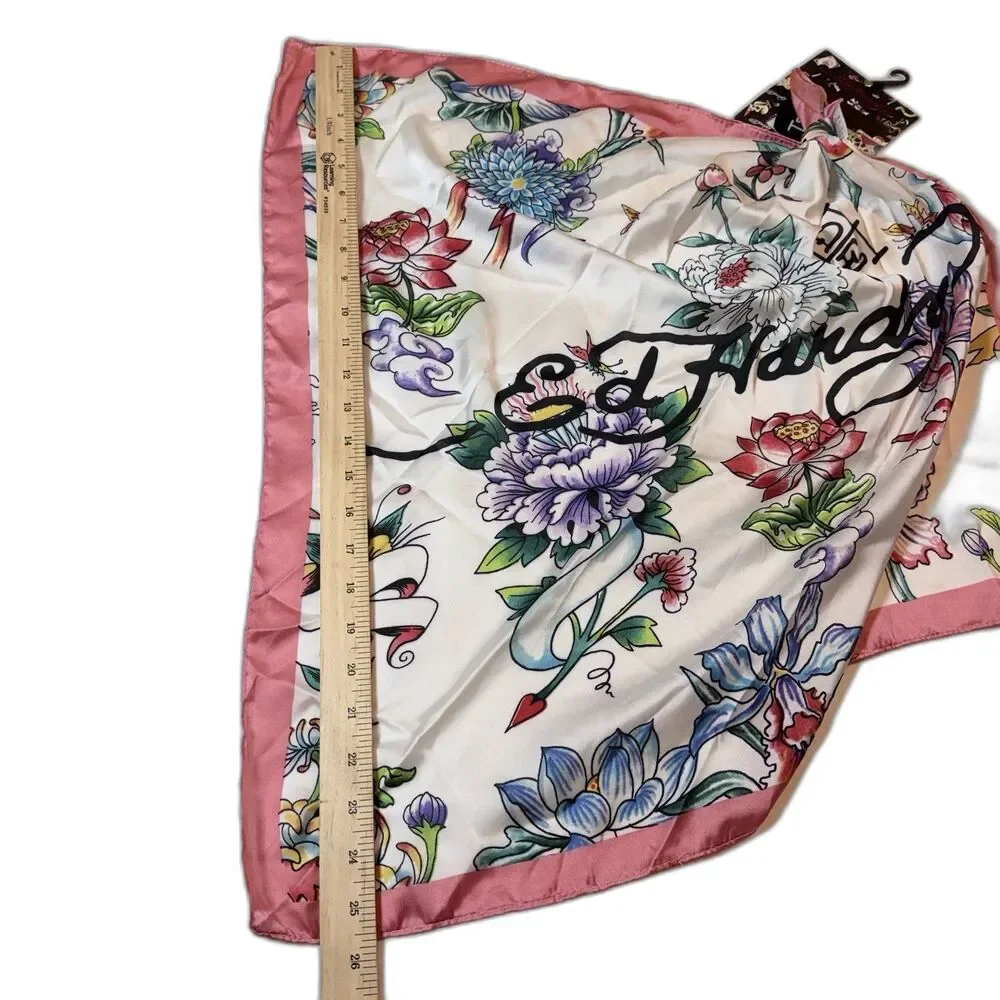 Ed Hardy Y2K Flowers Butterflies Logo Print Scarf NWT
